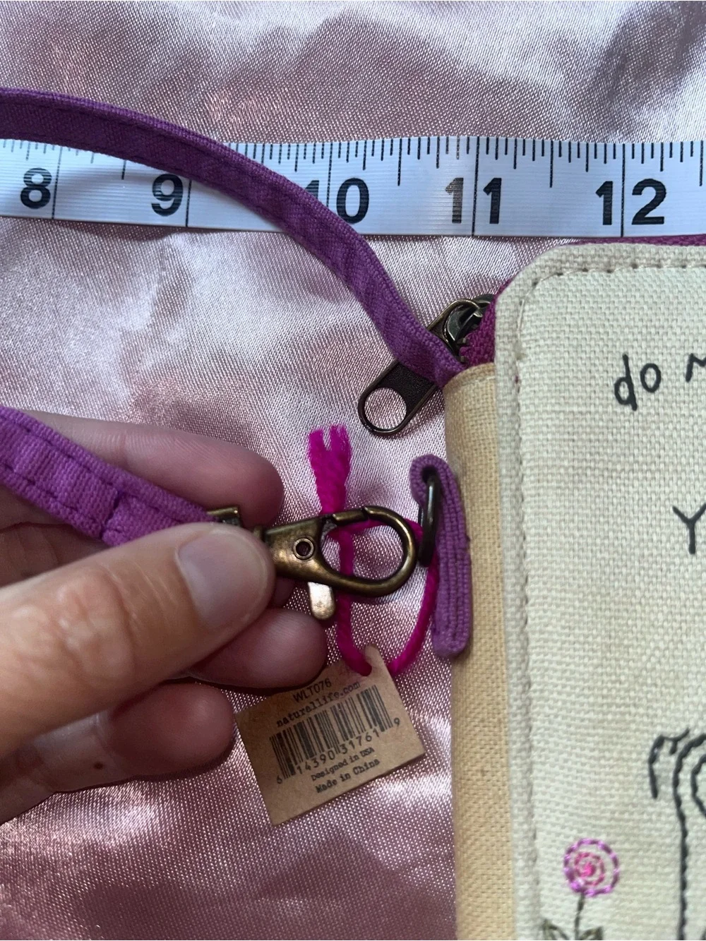 NATURAL LIFE Canvas Wristlet with Purple Strap and Pink Stitching
